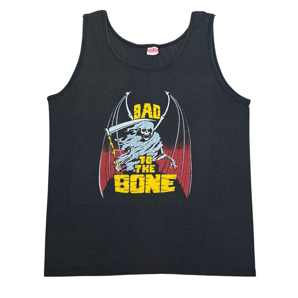 Vintage 1980s "Bad to the Bone" Grim Reaper Tank Top Made Black Muscle Shirt L